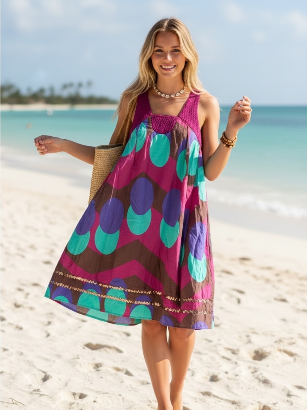Vibrant Bold Big Poka Dot Summer Midi Dress S Sleeveless Multico Resort Euro